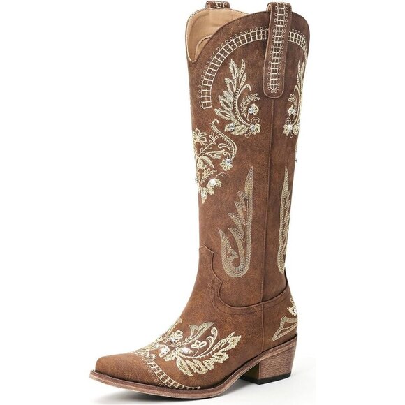 Lumeheel Cowboy Boots Women Brown Polyurethane (PU) Wide Calf Knee High Boots - Picture 1 of 5